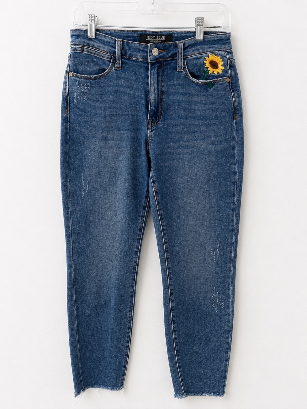 Judy Blue Relaxed Fit Jeans Sunflower Embroidered Raw Hem Stretch Size 5/27